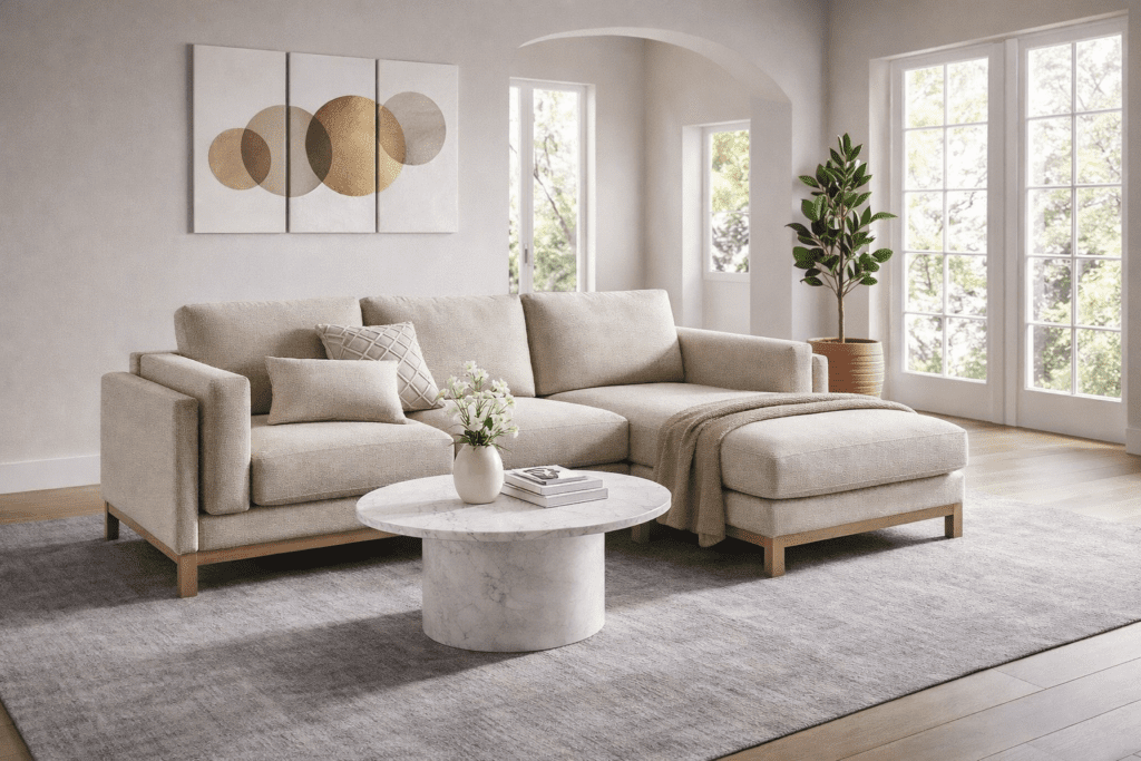 Luxury Beige Sectional Sofa in Modern Living Room USA
