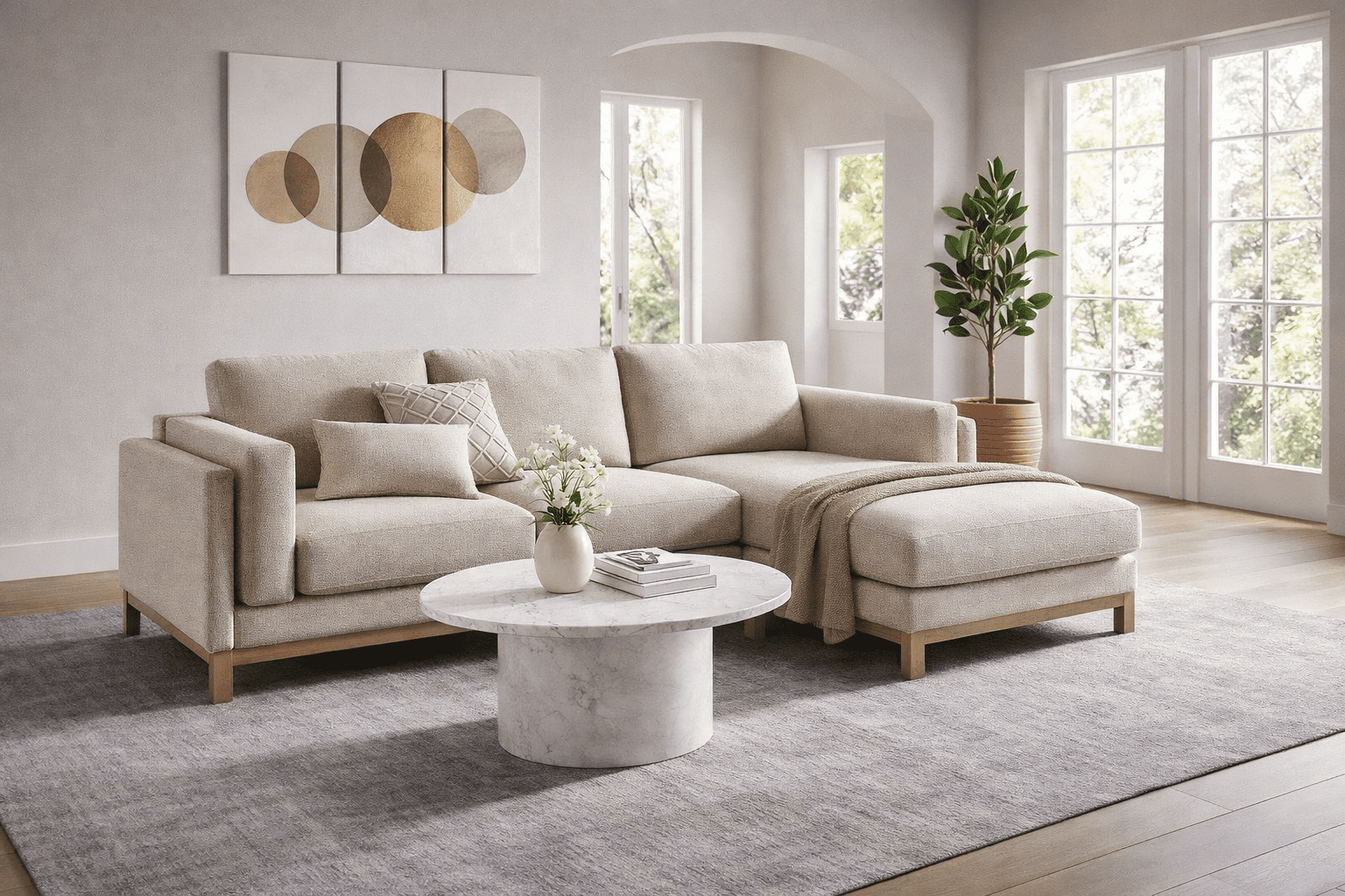 Luxury Beige Sectional Sofa in Modern Living Room USA