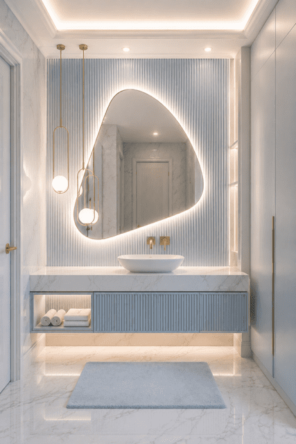 Contemporary bathroom design with an asymmetrical LED mirror, floating vanity, and spa-inspired decor