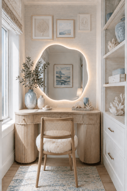 Modern vanity table featuring an organic mirror, soft lighting, wood furniture, and coastal-inspired decor