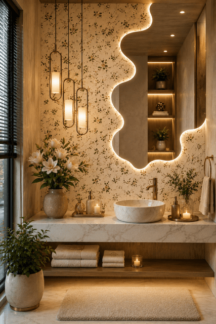 Luxury living room with oversized wavy mirror and warm designer lighting