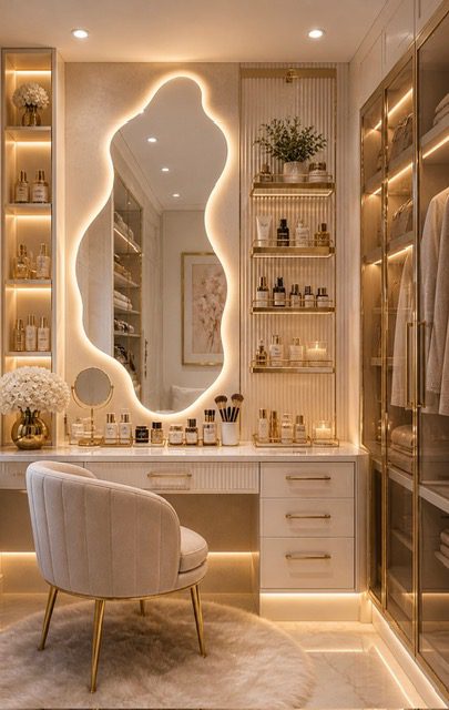 Modern entryway decor with glowing wavy mirror and luxury marble console table