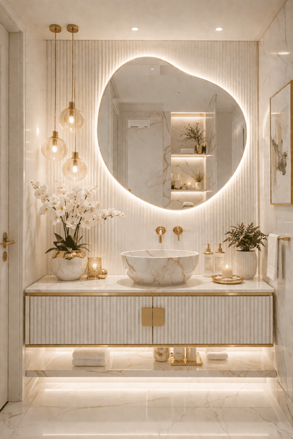 Luxury green bathroom vanity with glowing wavy mirror and modern decor inspiration