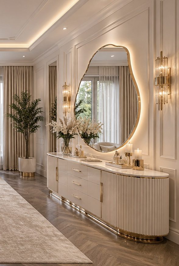 Minimal luxury bathroom with modern wavy mirror and warm cozy lighting