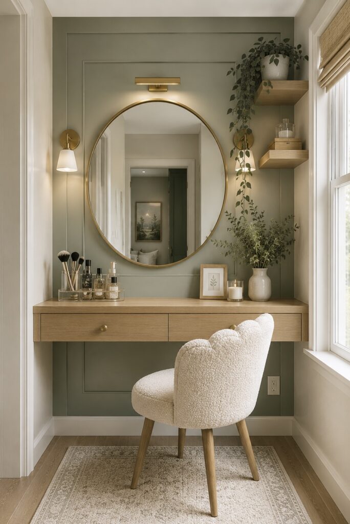 Cozy vanity corner with a round mirror, boucle accent chair, wood desk, and sage green wall paneling
