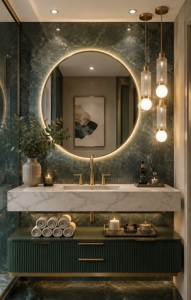 Moody luxury bathroom with dark marble walls, glowing round mirror, gold pendant lights, and modern spa-inspired elegance.