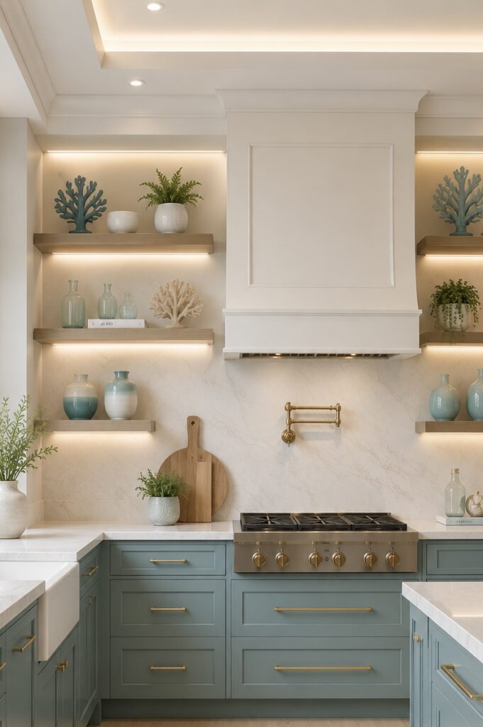cozy kitchen ideas with open shelving and warm modern kitchen decor