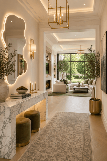 Modern luxury bathroom design with artistic wavy mirrors and cozy lighting