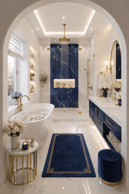 Airy aqua bathroom with natural sunlight, woven rug, wood vanity, glass shower, and fresh coastal-inspired styling.