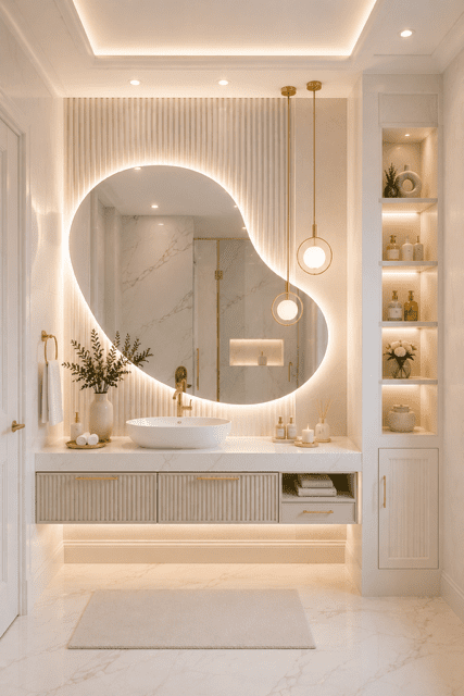 Minimalist bathroom featuring an organic mirror, warm lighting, wood textures, and modern decor elements