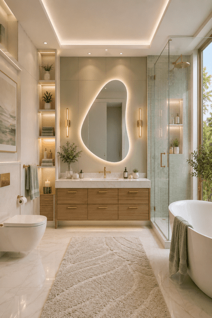 Modern bathroom showcasing a round mirror, floating vanity, neutral color palette, and elegant styling