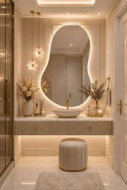 Modern luxury bathroom featuring an organic-shaped backlit mirror, marble finishes, and soft ambient lighting