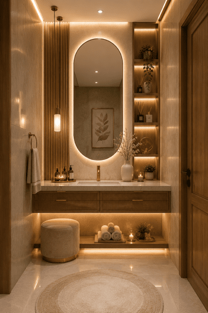 Luxury bathroom featuring an arched LED mirror, floating wood vanity, warm lighting, and modern spa-inspired decor
