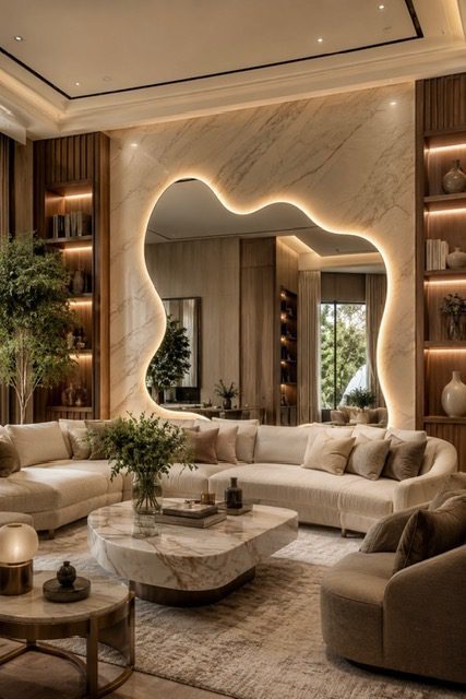 Luxury wavy mirror decor idea with warm lighting and modern bathroom vanity for elegant American homes