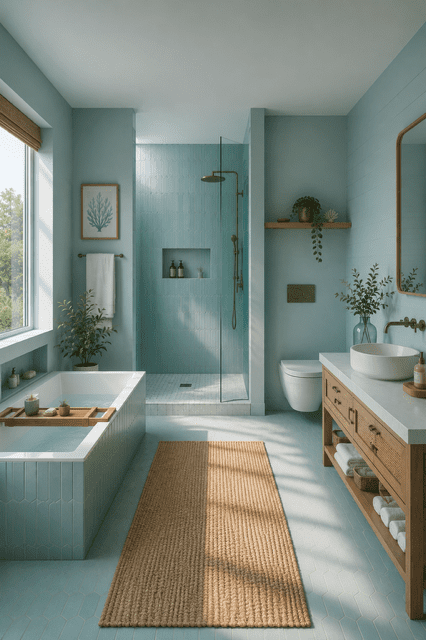 Cozy coastal bathroom with sage green vanity, glowing mirror lighting, glass shower, and soft relaxing spa-inspired decor.