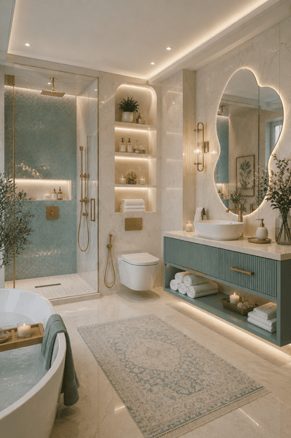 Luxury blue and white bathroom with bold navy accents, gold fixtures, marble finishes, and a bright upscale spa feel.