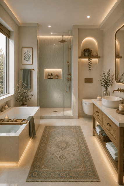 Soft neutral spa bathroom with an arched shower niche, warm lighting, freestanding bathtub, and elegant gold accents.