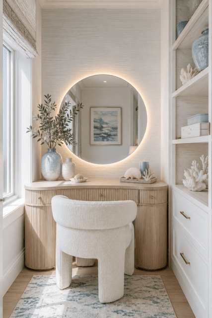 Bright vanity nook with a round backlit mirror, light wood cabinetry, and coastal home decor accents