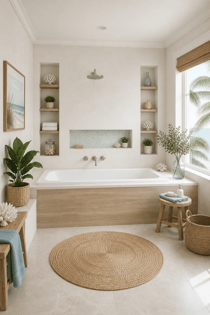 Elegant cream bathroom featuring a rainfall tub shower, marble finishes, candle decor, and a peaceful luxury spa atmosphere.