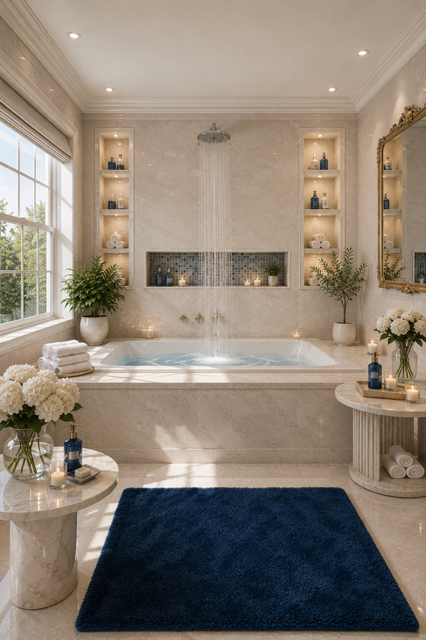 Luxury spa-inspired bathroom with warm lighting, glass shower, freestanding tub, natural wood vanity, and calming neutral tones.