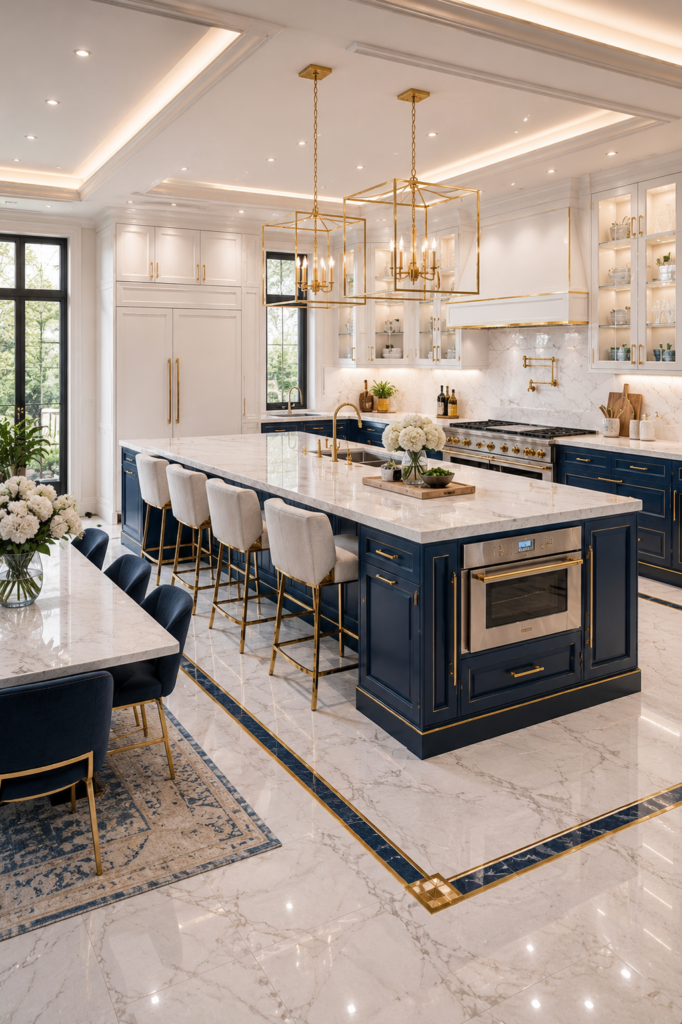 Luxury navy blue and white kitchen with gold accents and marble island
