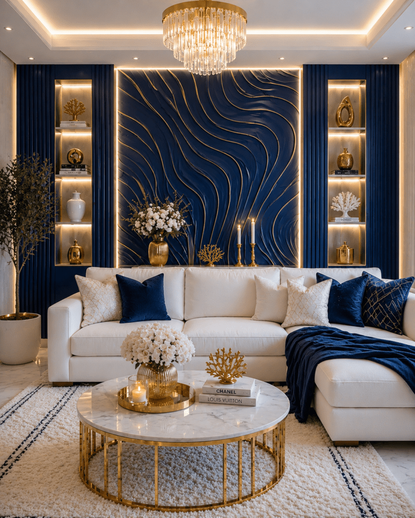 Elegant navy blue and white luxury living room with modern wall design