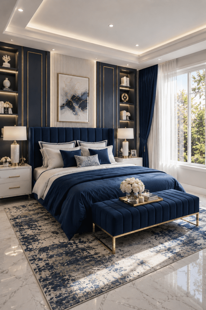 Luxury navy blue and white bedroom idea with velvet bed and gold details