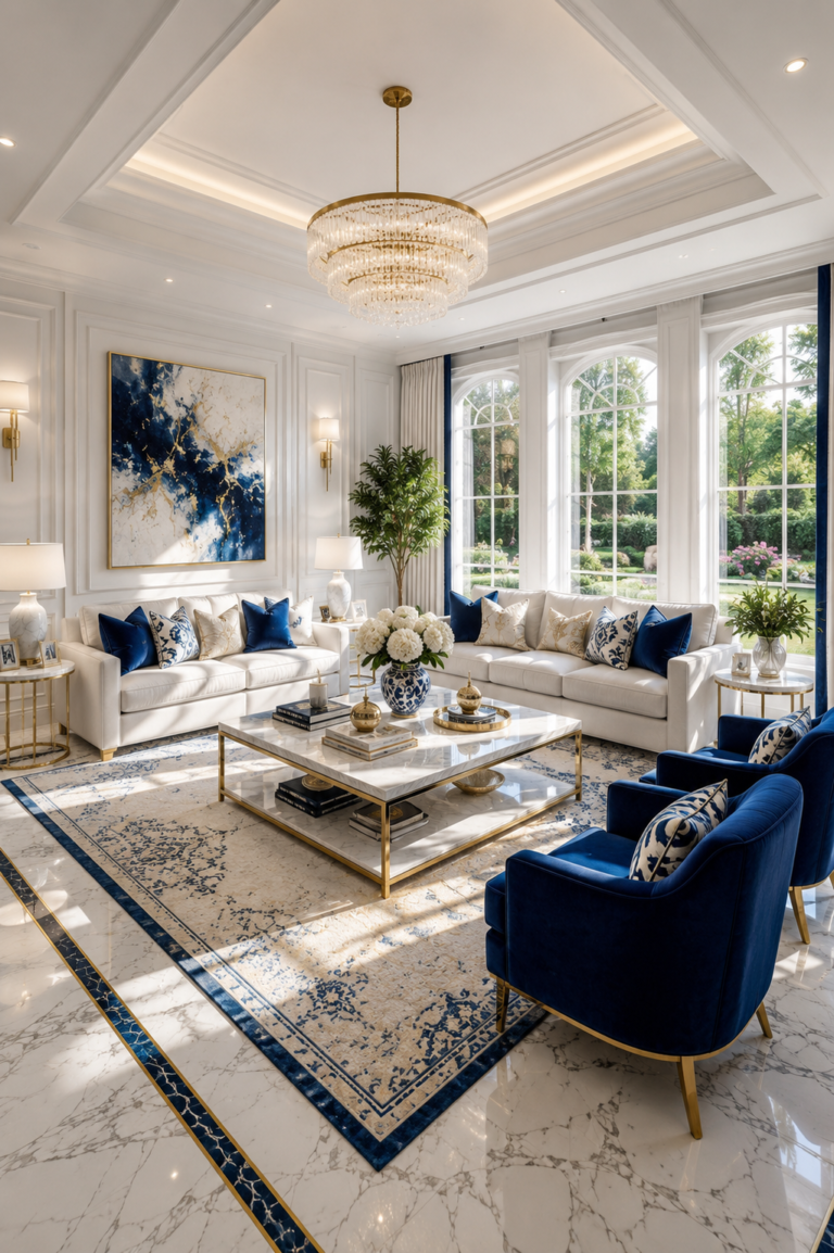 Bright navy blue and white luxury living room filled with natural light