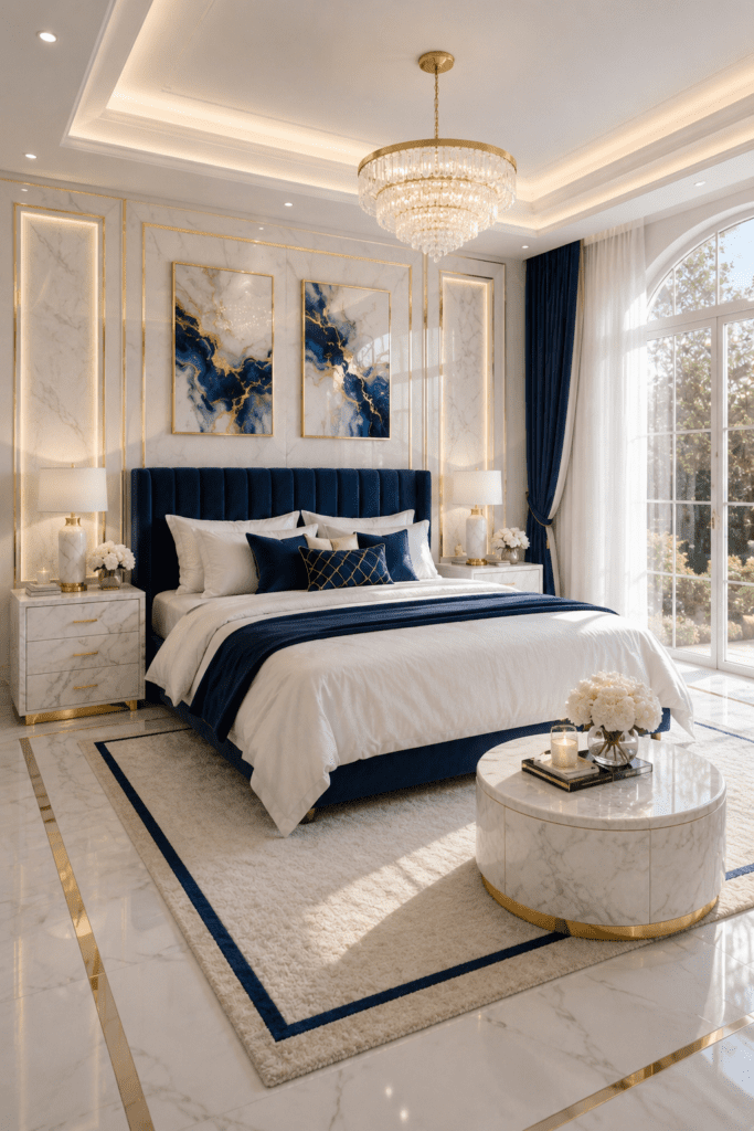 Modern navy blue and white luxury bedroom with marble and chandelier