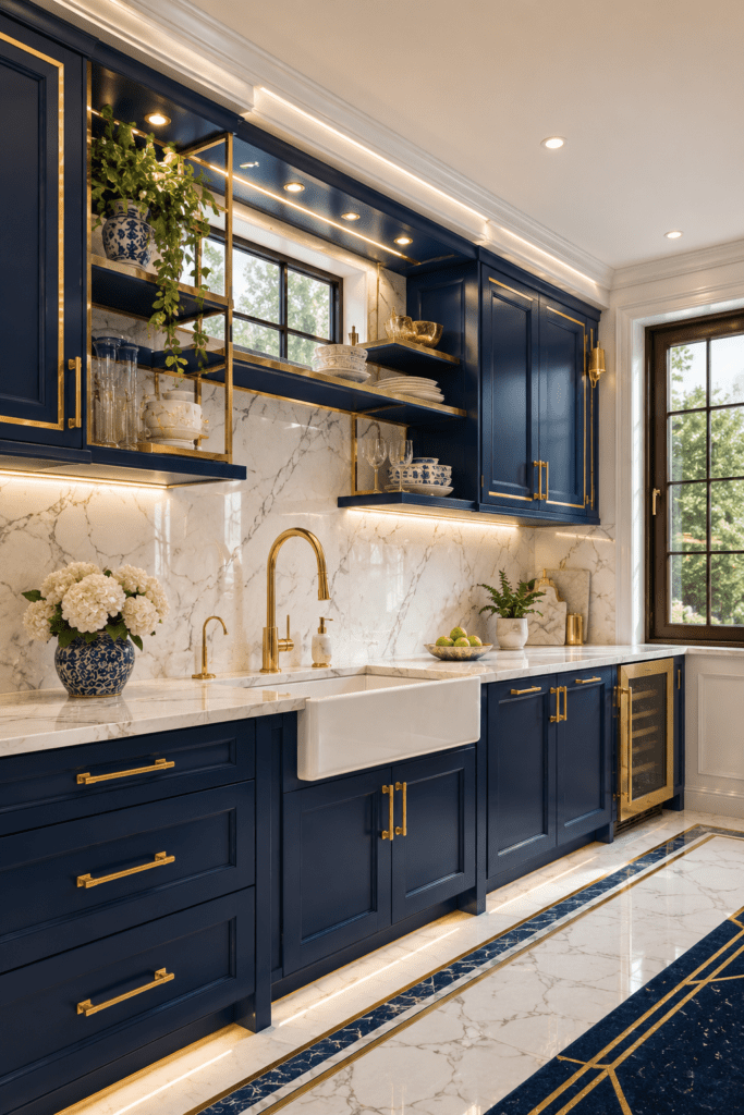 Luxury navy blue kitchen cabinets with white marble countertops