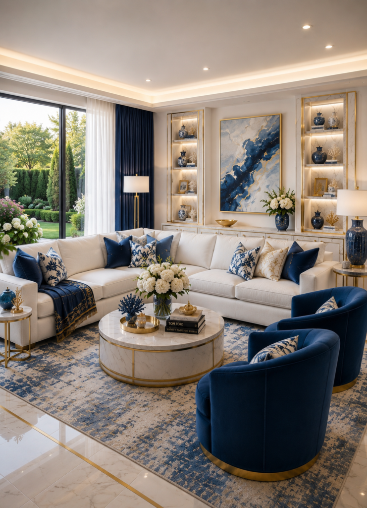 Spa-inspired navy blue and white luxury bathroom with gold fixtures