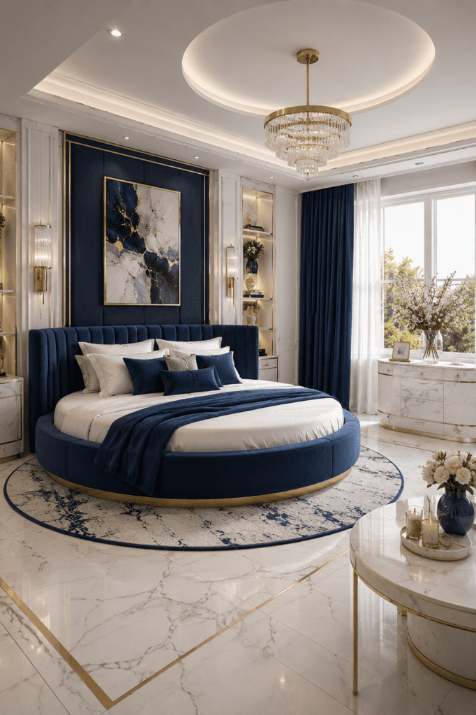 Elegant dark neutral bedroom featuring warm lighting, plush bedding, and modern luxury decor.