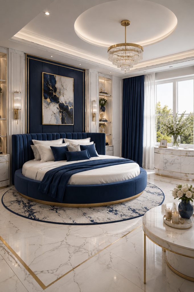 Round navy blue luxury bed in elegant white marble bedroom interior