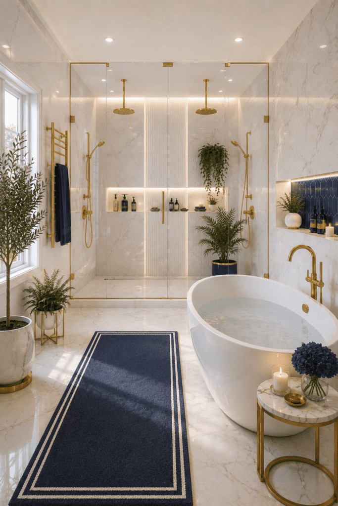 Spa-inspired navy blue and white luxury bathroom with gold fixtures