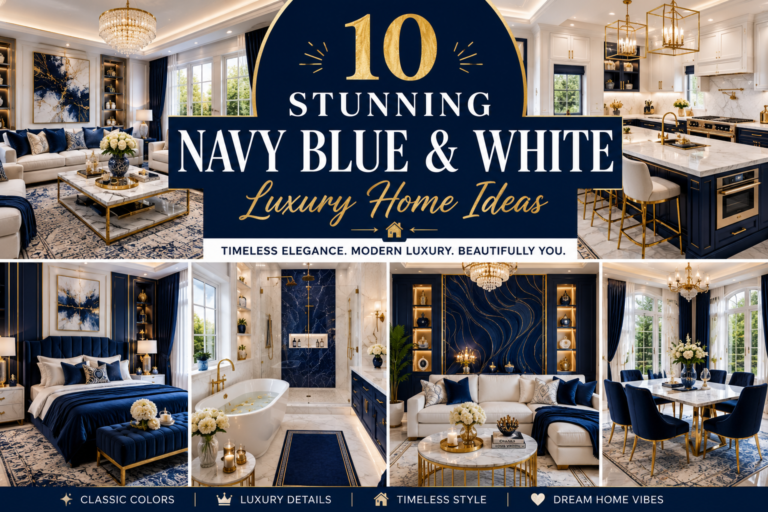 Luxury navy blue and white living room with gold accents, marble flooring, elegant furniture, and modern USA-style home decor inspiration.