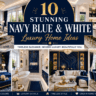 Luxury navy blue and white living room with gold accents, marble flooring, elegant furniture, and modern USA-style home decor inspiration.