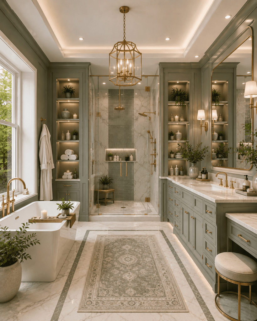 Quiet luxury sage green bathroom ideas with marble shower, gold fixtures, and spa-inspired modern decor