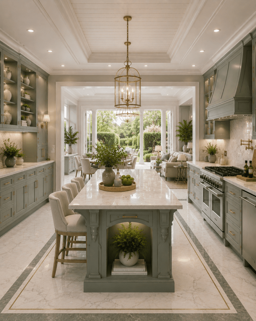 Quiet luxury sage green open kitchen ideas with marble island, elegant lighting, and luxury USA-style interiors