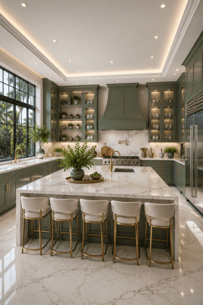 Quiet luxury sage green marble kitchen with modern cabinets, gold accents, and bright natural lighting