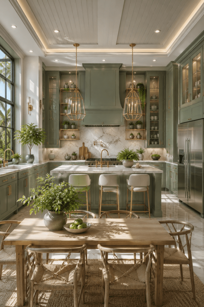 Quiet luxury sage green dining kitchen ideas with cozy wood dining table and elegant modern cabinetry