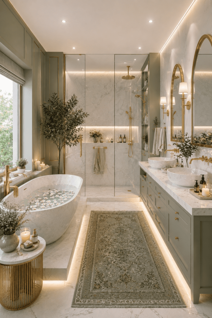 Quiet luxury sage green spa bathroom ideas with freestanding tub, marble walls, and luxury gold finishes