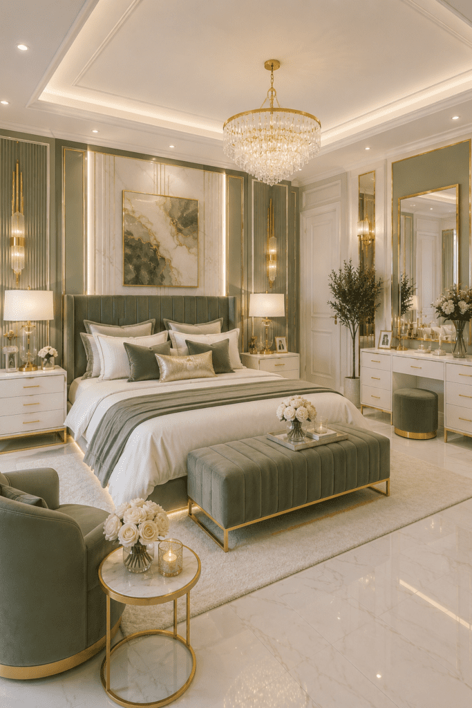 Quiet luxury sage green bedroom ideas with soft lighting, luxury bedding, and modern elegant decor