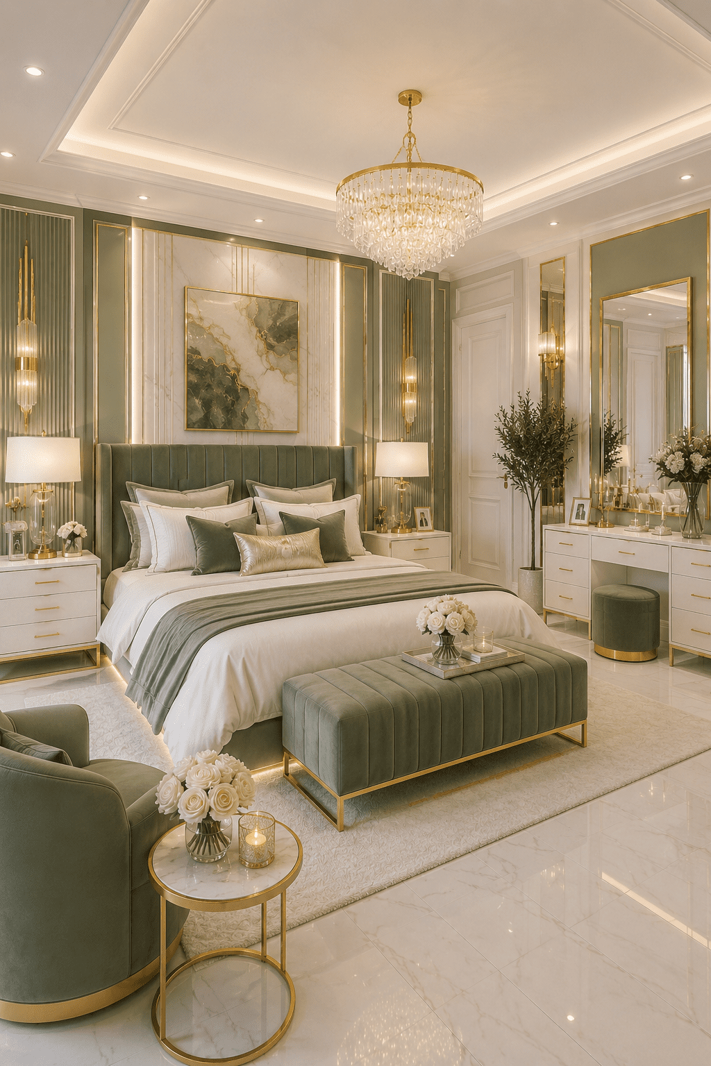 Quiet luxury sage green bedroom ideas with soft lighting, luxury bedding, and modern elegant decor