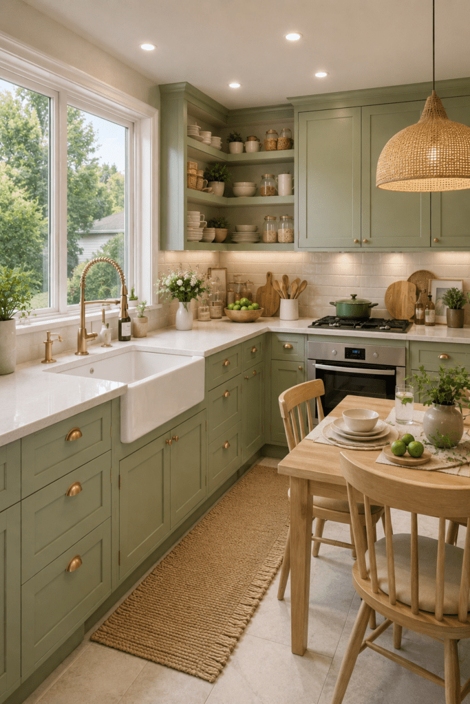 Quiet luxury sage green cozy kitchen ideas with farmhouse dining area and soft modern decor touches