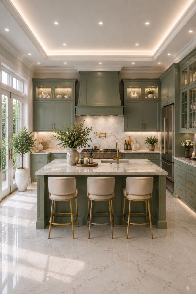 Quiet luxury sage green luxury kitchen with marble countertops, gold hardware, and elegant sage cabinets