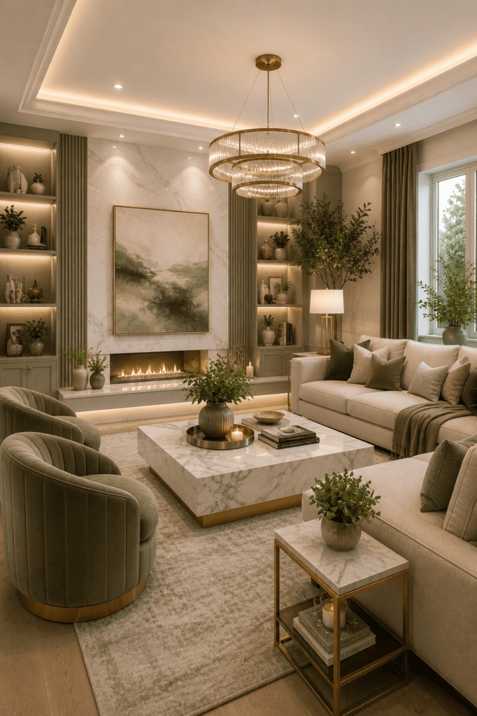 Quiet luxury sage green living room ideas with modern fireplace, cozy textures, and warm luxury styling