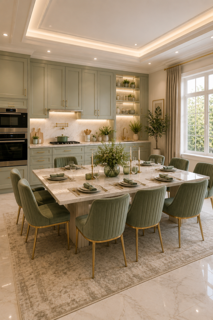 Quiet luxury sage green dining room ideas with marble dining table, elegant sage chairs, and modern luxury decor