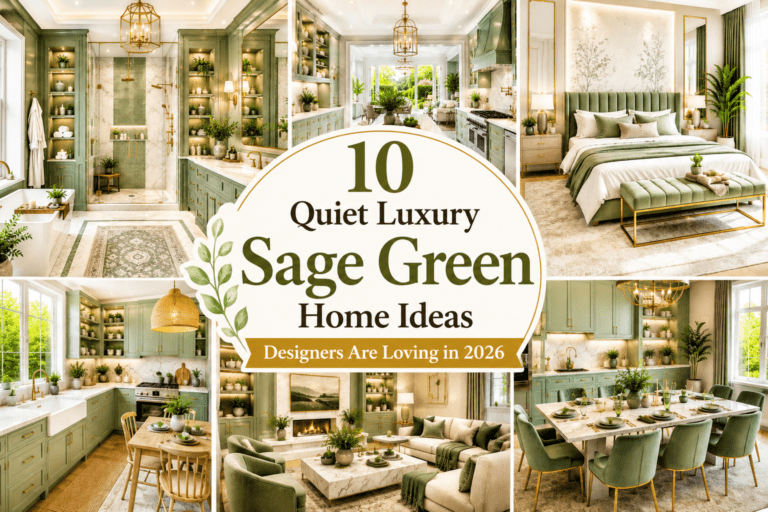 Quiet luxury sage green home ideas with cozy modern interiors, marble finishes, warm lighting, elegant decor, and luxury USA-style design inspiration.