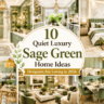 Quiet luxury sage green home ideas with cozy modern interiors, marble finishes, warm lighting, elegant decor, and luxury USA-style design inspiration.