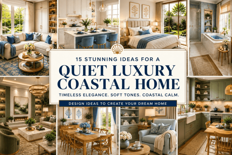 Coastal quiet luxury home ideas with elegant USA-style living room, soft blue accents, cozy modern furniture, natural lighting, and timeless luxury interior decor inspiration.